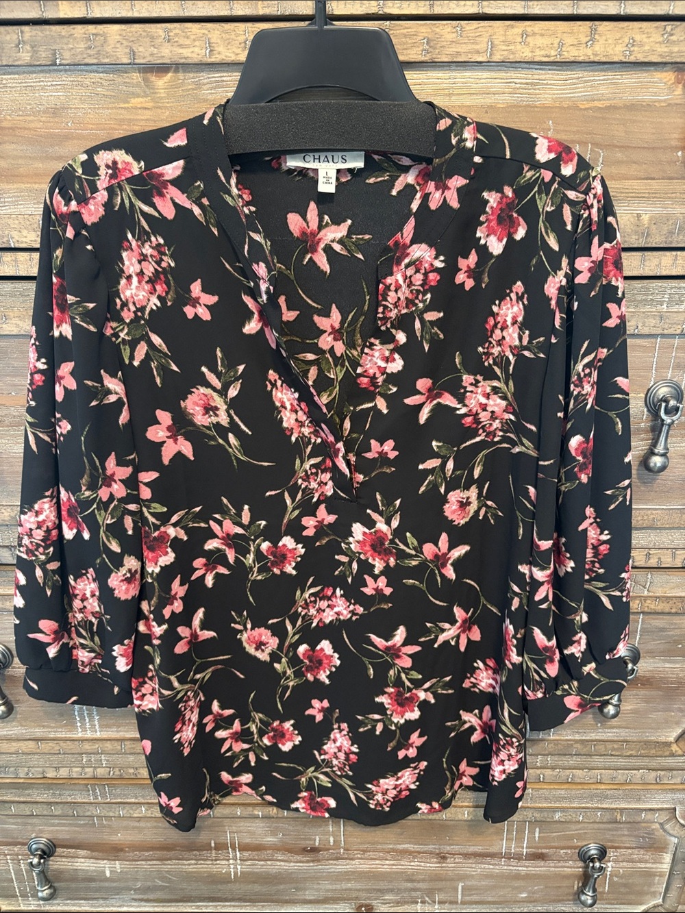 Chaus Black Floral V-Neck Blouse with Pink Blossoms